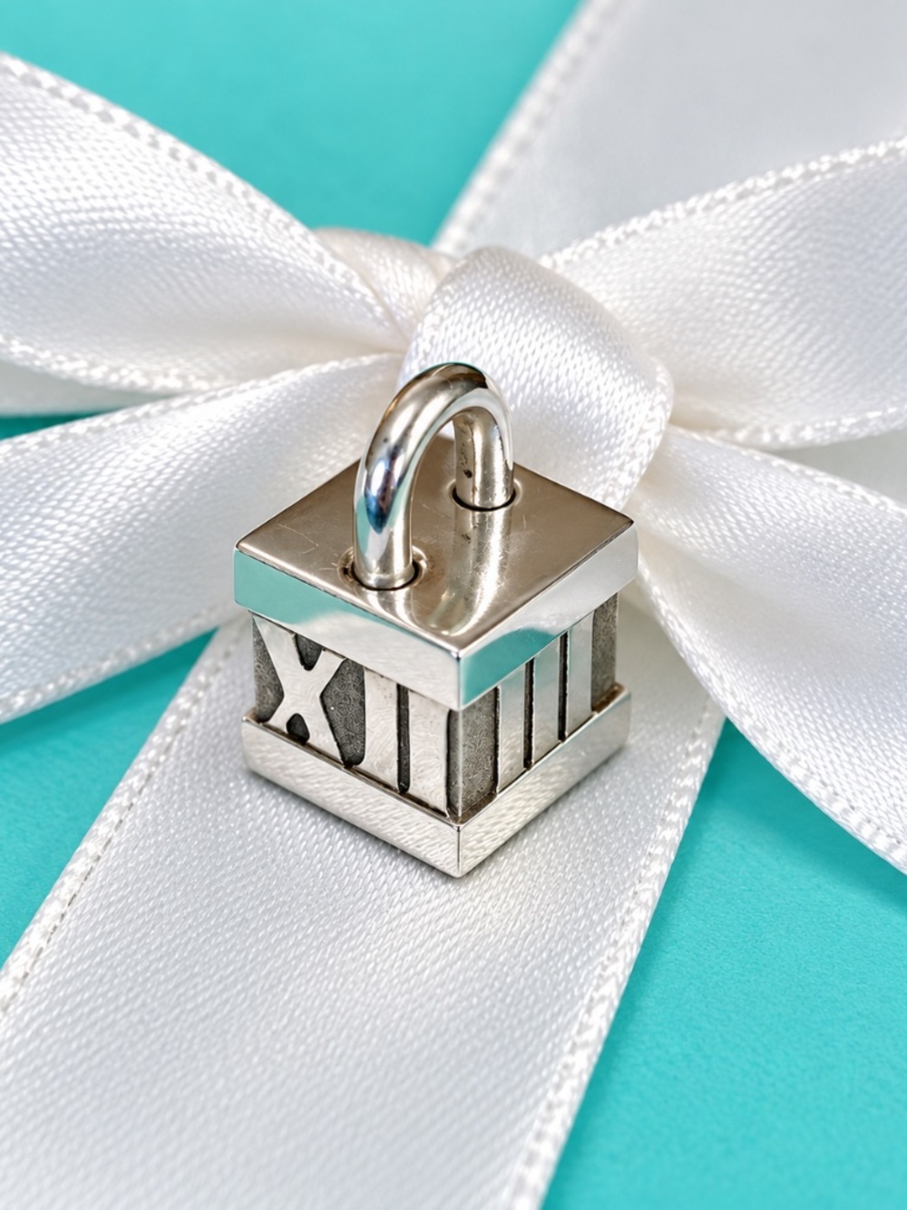 Tiffany & Co. Atlas Cube Lock Padlock Charm Sterling Silver Roman Numerals
